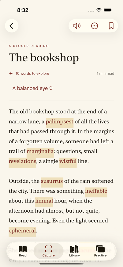 Construe’s page reader showing a passage from The Bookshop, with unfamiliar words such as palimpsest and marginalia highlighted.